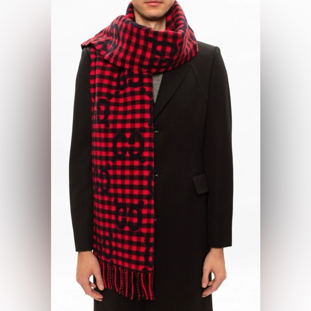 Gucci 644365 Red Blue Wool Jacquard Check GG Diamcheck Logo UNISEX Fringe Scarf - Picture 9 of 12